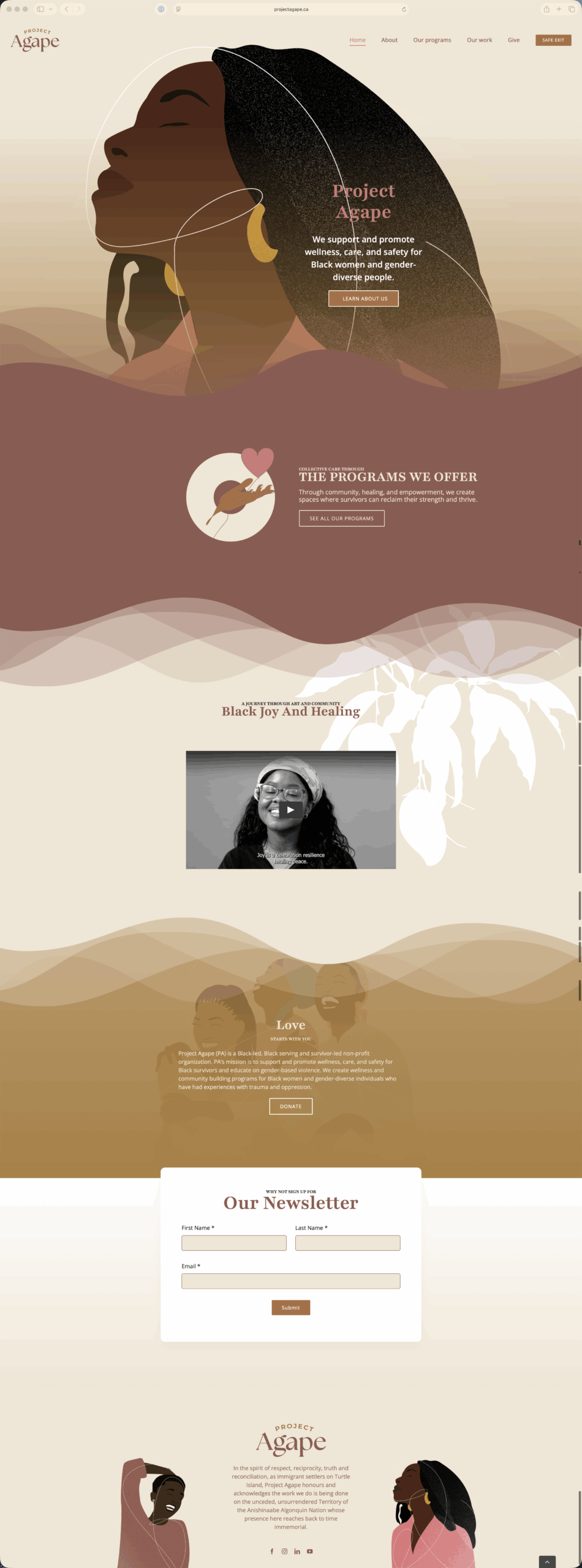 Project Agape screenshot of the full home page.